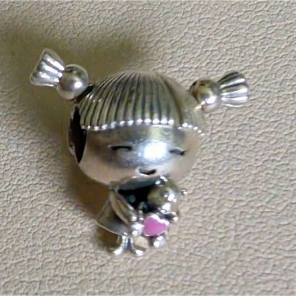 Pandora Sterling Silver Charm - Little Girl With Teddy Bear - Picture 1 of 3